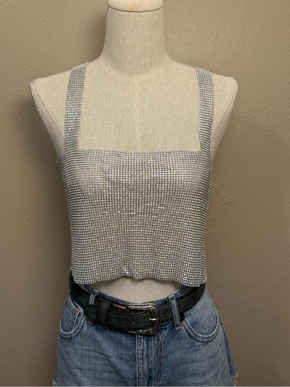 Urban Outfitters Silver Crystal Rhinestone Mesh Crop Adjustable Tank One Size